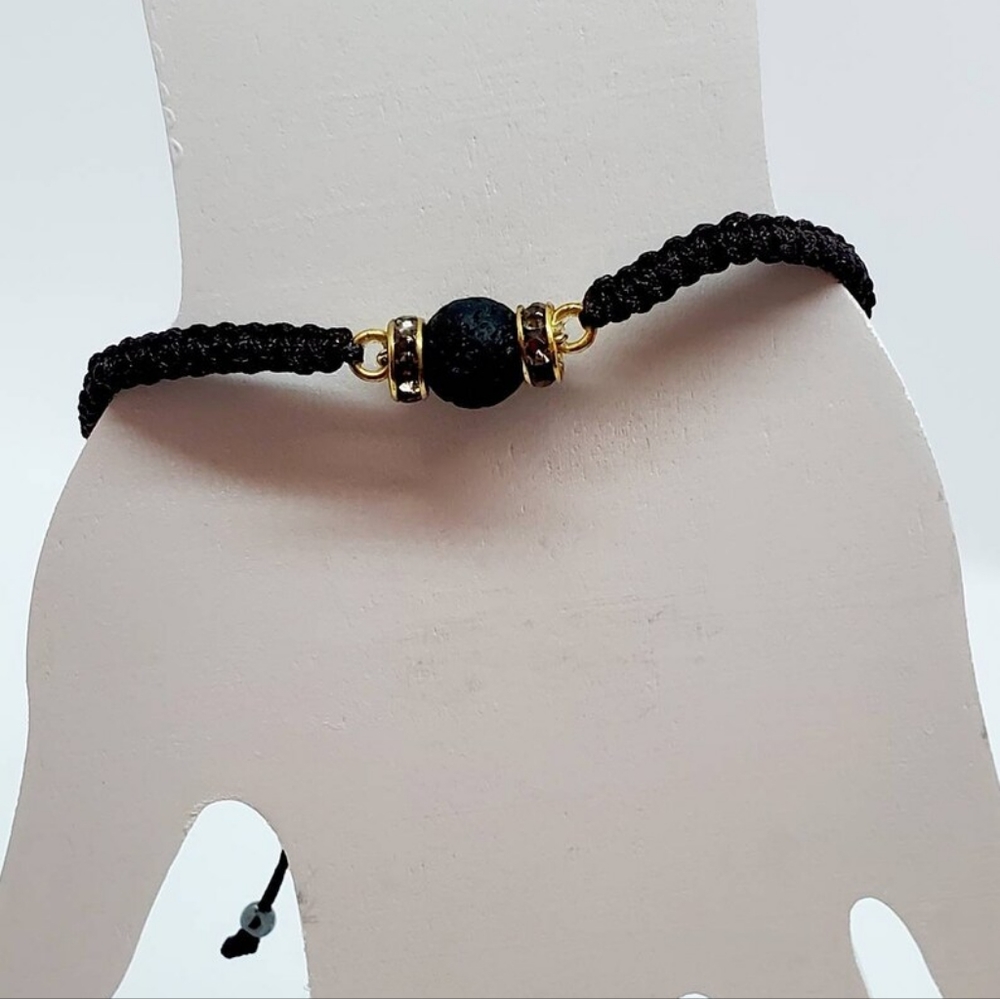 Lava Rock Gemstone Rhinestone Macrame Bracelet, Adjustable Macrame Bracelet